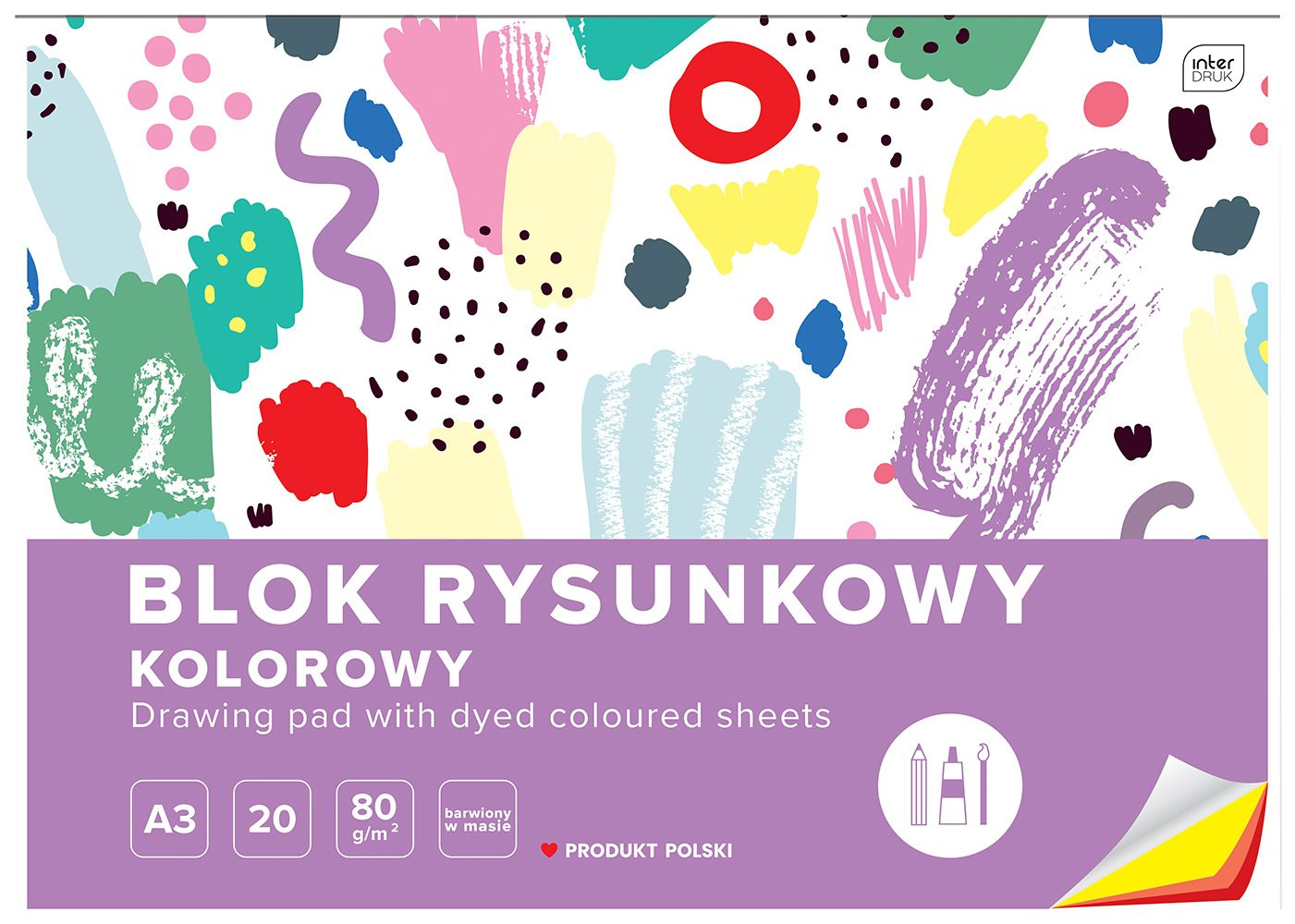Blok rysunkowy A3, kolorowy, 80g, 20 kartek, Interdruk